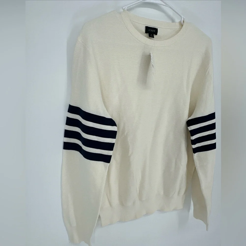 Re-Imagined J Crew -‎ COTTON CREWNECK SWEATER GARTER STITCH IVORY NAVY Medium